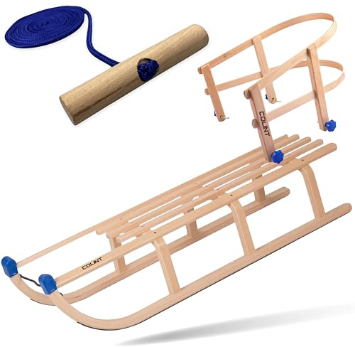 Explorer Colint Holzschlitten mit Rückenlehne für Kinder ab 1 Jahr und Erwachsene Set Schlitten Davos mit Leine und Vollholz Lehne in Blau 110cm