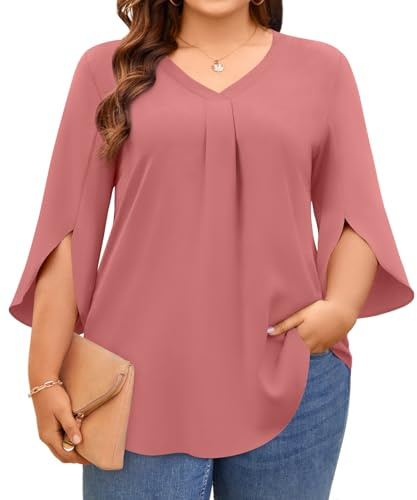 Aodemo Womens Plus Size Tops 3/4 Sleeve Dressy Chiffon Blouse Summer Work Tunic Casual Flowy Shirt 3XL, Pink Red