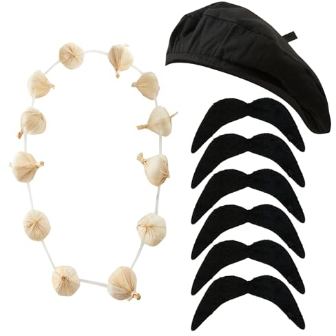 3-teiliges französisches Kostümzubehör – Französisches Kostüm für französischen Tag Kostüm Frankreich Verkleidung – mit französischer Baskenmütze, künstlichem Schnurrbart und Knoblauchgirlande –