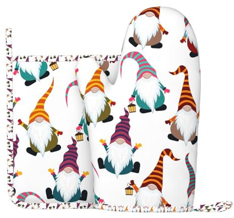 Wurton Set di guanti da forno e presine con stampa di gnomi divertenti, 17,8 x 27,9 cm, accessori da cucina, set da 2 pezzi, per barbecue e cottura