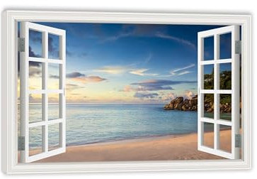 Bild auf Leinwand Fenster Bilder Fensterblick,Kunstwerk an der Küste von Ocean Beach,Leinwandbild mit Kunstdruck Motiv Fensterblick Wohnzimmer Home Dekorative Bilder45x30cm(18x12in)Innenrahmen
