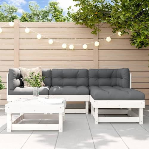 WEMYUFURN 5-TLG. Garten-Lounge-Set mit Kissen Weiß Massivholz, Outdoor-Sitzgruppe, Terrassen-Lounge-Set, Garten-Couchgarnitur - Wetterbeständig, Komfortabel - für Terrasse, Garten und Balkon