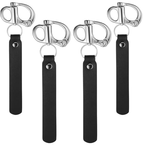 Reallnaive 4 Pcs Quick Release Clip Shackle for SCBA Mask - Firefighter Accessories, Quick Release Snap Shackle with Leather Handle, Marine Grade 316 Stainless Steel for Rigging(Black)