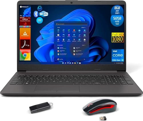 HP Notebook 250 G9, Laptop-Display 15,6 Zoll Full HD, Intel Core i3 12Th, 8 GB RAM DDR4, 512 GB NVMe, Windows 11 Pro, Office 2021 Pro Plus, kabellose Maus + USB-Stick 32 GB - Notebook sofort