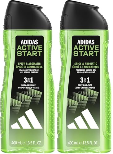 Adidas, Active Start Gel Doccia Bagnoschiuma 3 in 1 per Corpo, Capelli e Viso, Formula Vegana, 400ml (Confezione da 2)