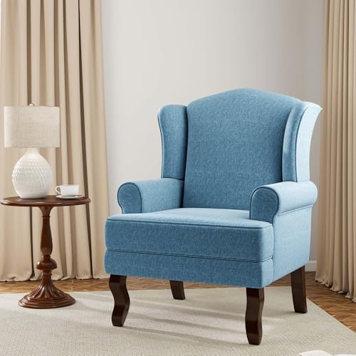 DREAMSIDEA Accent Chair, High Back Upholstered Armchair with High Resilience Sponge & Wood Legs, Mid-Century Modern Comfy Single Sofa Reading Chairs for Living Room, Bedroom (Sky Blue, Set of 1)