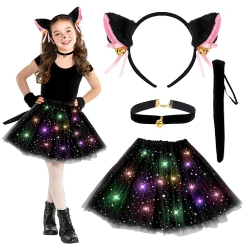 Wishstar Deguisement Chat fille, Chat Cosplay Costume Set, LED Tutu Jupe, Serre Tête Oreille de Chat Et Chat Queue, Deguisement Animal Enfant pour Carnaval Halloween