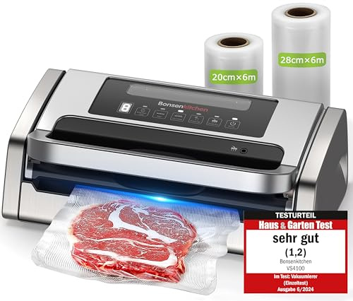 Bonsenkitchen Machine Sous Vide Alimentaire, Puissante et Silencieuse, pour un Fonctionnement Continu, Conception avec Poignée Verrouillée, Cutter Intégré, 2 Rouleaux de Sacs Inclus, Argent