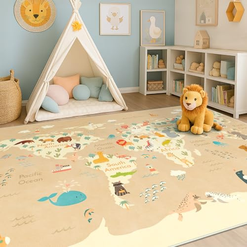 Waschbarer Kinderteppich für Spielzimmer, 12,7 x 17,8 cm, Spielteppich für Kleinkinder, pädagogische Weltkarte, Spielmatte mit niedlichen Tieren, rutschfest, schmutzabweisend, weich und sicher für
