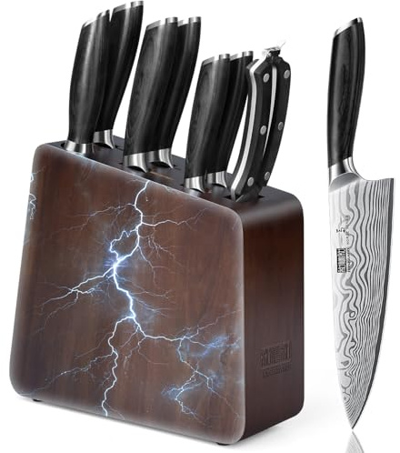 HOSHANHO Juego de Cuchillos con Bloque Magnético de 8 Piezas, Juego de Cuchillos de Cocina de Acero en Polvo Ultra Afilados, Juego de Cuchillos de Chef Profesionales con Mangos Ergonómicos y Afilador