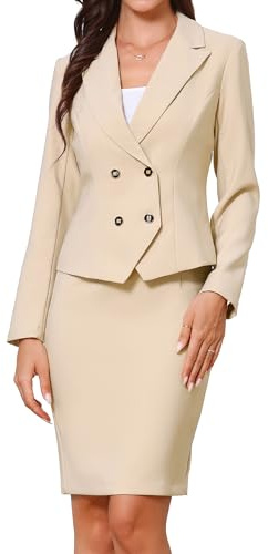 Allegra K Completo da Donna in 2 Pezzi Completo da Ufficio Formale con Gonna e Risvolto a Punta a Maniche Lunghe Cachi S