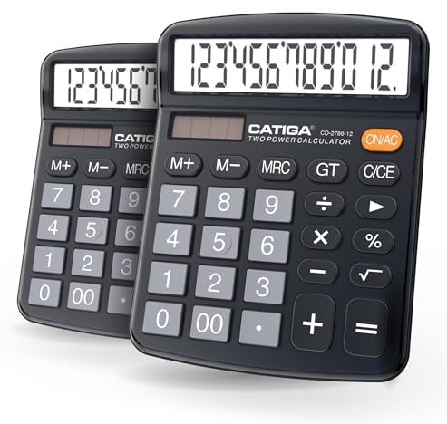 CATIGA CD-2786 - Calcolatrice da tavolo a 12 cifre, con ampio display LCD e pulsante sensibile, doppia alimentazione a energia solare e a batteria, funzione standard per ufficio, casa, scuola, CD-2786