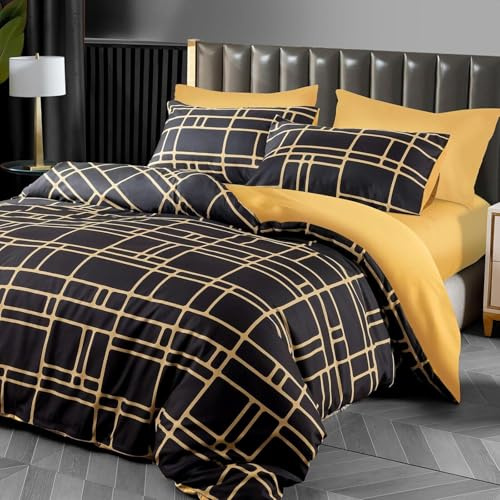 Pamposh Bettwäsche Sets Bettbezug Set Prämie Mikrofaser Anthrazit mit Reißverschluss hochwertigen Qualität für Allergiker (Schwarz und Gold, (1 x 135 x 200 cm) + (1 x Kissenbezug 80 x 80 cm))