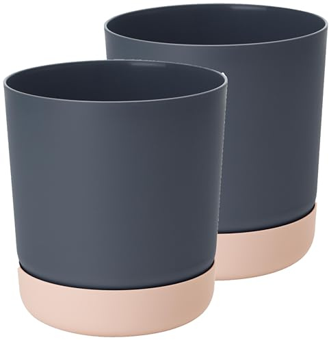 Home Garden Ornaments – Plant Pots Indoor, Set of 2 Plastic Outdoor Planters with Drainage & Saucer, Classy Flower Pots (13cm / 5.1 inch, Antracite/Pink)