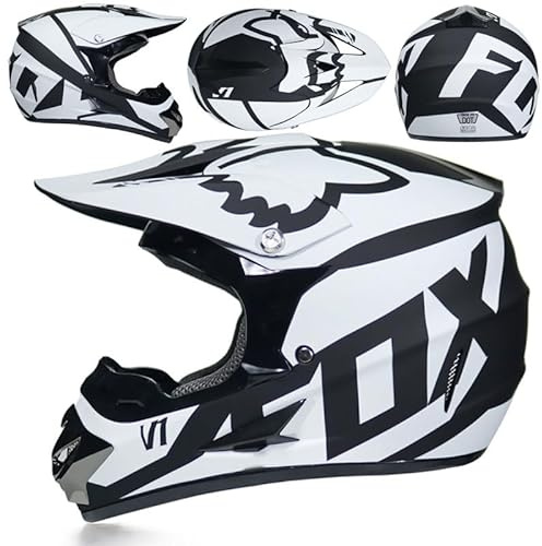 Casco Moto Juvenil Casco Motocross Niños Adultos Cascos Cruzados Hombres ATV MX Enduro Cascos Integral MTB De Descenso Certificado Dot/ECE con Gafas Máscara Guantes,White/C-M