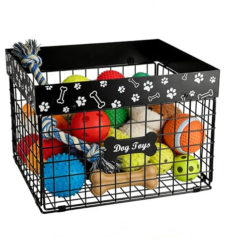 Hynorian Hundespielzeug Aufbewahrung Faltbarer, Metallkorb Lüftig | Robuster Hundespielzeug Korb Schwarz mit niedlichen, 38 x 32 x 25 cm für Wohnzimmer oder Tierbereich