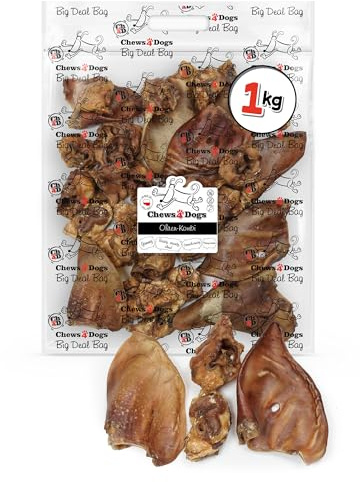 Schweineohren für Hunde & Schweineohrmuscheln, Hundeleckerli, 1 kg, Ch4D | Luftgetrocknet, getreidefrei, ohne Zusätze, mit Zipper, kleine & große Hunde, Kauen & Zahnpflege, EU-Rohstoffe