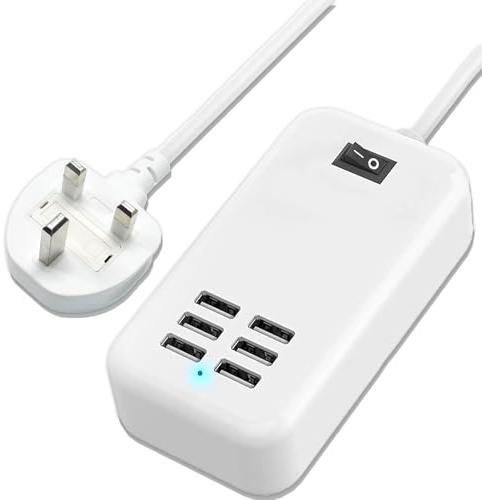 Powered USB Hub, Multi USB Charging Station 6 USB Ports Hub Strip Adapter 1.8M Long Power Cable Power Supply for PC Laptop Ultrabooks Desktops, with On/Off Switch Universal AC to DC Hubs, White