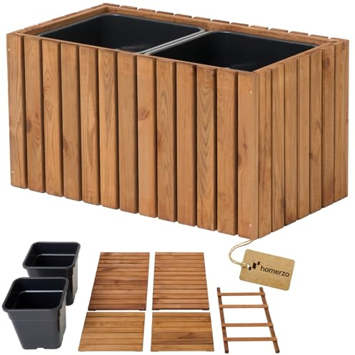 HOMERZO Jardinera de madera marrón para ensamblar – Maceta rectangular grande para jardín y balcón – resistente a la intemperie con inserto de 18 l – Jardinera de bricolaje (vertical marrón, 67 x 36