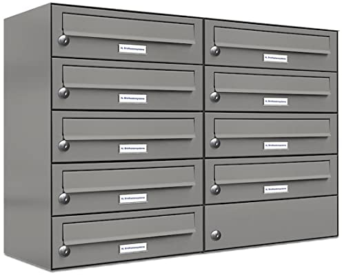 AL Briefkastensysteme 9er Briefkastenanlage Aluminiumgrau RAL 9007, Premium Briefkasten DIN A4, 9 Fach Postkasten modern Aufputz