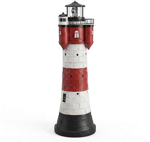 108 cm XXL Solar Leuchtturm ROTER SAND mit rotierender LED-Beleuchtung | Drehendes Leuchtfeuer, LED-Beleuchtung, Polyresin wetterfest, Maritime Gartendeko