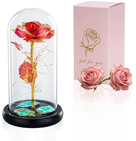 Glasseam Schöne Und Das Biest Rose In Glaskuppel LED-Lichter, Ewige Rose | Rot Kristallrose Blumen, Kunstrosen, Geschenk Zum Geburtstag, Jubiläum, Valentinstag, Hochzeit, Freundin, Frau, Frauen