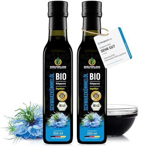 Kräuterland Bio Schwarzkümmelöl kaltgepresst ungefiltert 2x250ml (500ml) | 100% Nigella Sativa, hoher Thymochinongehalt, ohne Konservierungsstoffe & Aromen, nativ, vegan, mühlenfrisch in glasflasche