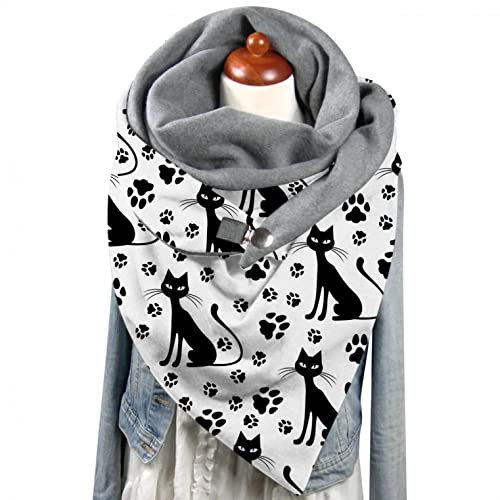 Damen Schal, Dreiecksschal Elegant Farbe Katze Tier Drucken Button Dreieckstuch Warmee Herbstschal Winterschal Karo Tartan Halstücher Cape Herbstschal Mit Knöpfen Weich Dreieckstuch Scarf Lätzchen