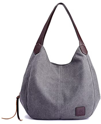 PORRASSO Damen Handtasche Canvas Hobo Schultertasche Mädchen Tote Bag Shopper Henkeltasche für Schule Reisen Arbeit Grau