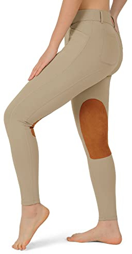 beroy Kids Horse Riding Knee-Patches Pants Girls Equestrian Front-Zip Breeches Legging with Pockets(Khaki,S)