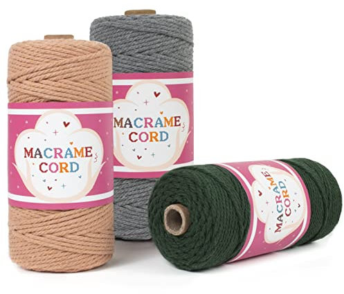 LEREATI 3 Stück Makramee Garn 3mm Set, Natur Baumwollkordel Makramee-Garn Farbig Baumwollseil 4 Stränge Baumwollgarn für DIY, Hängepflanze, Vorhang, Schlüsselanhänger, Häkel, Wand Aufhängung (D)