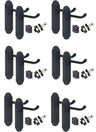 Golden Grace Scroll Door Handle Lever On Backplate Pack, 6 Sets Matt Black | Supplied with matching 64mm tubular latches, 3-inch ball bearing hinges, spindles and screws to fully equip six doors.