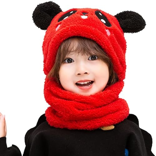 JFAN vintermössa unisex mössa halsduk set flickor söta björnöron mössa barn pojkar, röd, one size