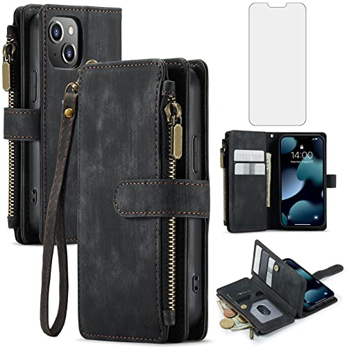 Asuwish Coque pour iPhone 13 Portefeuille avec Verre Trempé et Porte Carte Chaine PU Cuir à Clapet Étui Housse Support i Phone13 Téléphone Vitre Protection Protege Ecran Etui Case Femme Homme Noir