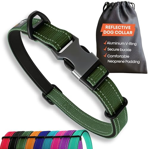 Strong Dog Collar Large Dogs – Green Reflective Adjustable Padded Dogs Collars - Metal Buckle, Aluminium V-ring, Dog Safety