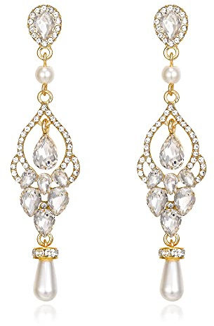 EVER FAITH Damen Kristall Simulierte Perle Braut Floral Blatt Teardrop Lange Baumeln Ohrringe Klar Silber-Ton