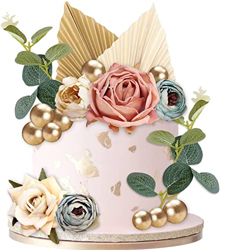 ZYNERY 24 Stück Tortenaufsatz Dekoration, Palmenblätter Tortendeko Dekoration mit Rose, Blumen, Blättern und Goldenen Kugeln, Tortendeko Blumen für Hochzeit, Geburtstag, Babyparty