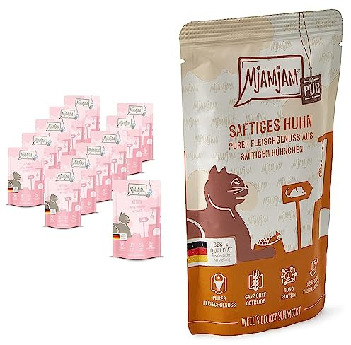 MjAMjAM - Premium Nassfutter für Katzen - Quetschie - Kitten saftiges Hühnchen mit Lachsöl, 12er Pack & - Premium Nassfutter für Katzen - Quetschie - saftiges Hühnchen pur, 12er Pack