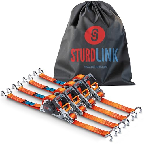 Sangles a Cliquet Automatique 35mm 5m Crochets U Acier LC 1000kg/2000kg en U | Enrouleur de Sangle Automatique | Idéal Fixation Remorque Porte Moto Quad Auto | Lot de 4 + Sac | EN 12195-2 | Sturdlink®