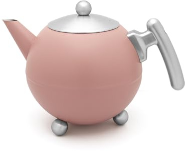 Bredemeijer große bauchige doppelwandige rosa Edelstahl Teekanne 1.2 Liter - isolierende Kanne für Tee - längerer warmer Teegenuss