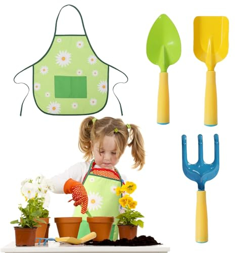 DKINY Kinder Gartenset, 4PCS Gartengeräte Gartenschürze mit Schaufel Handspaten Unkrautharke, Garten Spielzeug Gartenhelfer, Garten Strand Outdoor Spielzeug für Junge Mädchen ab 3 4 5 6 Jahre