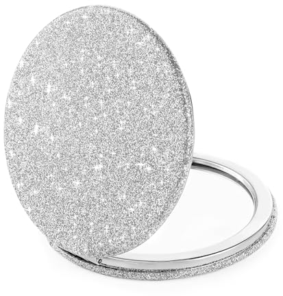 Andibro Kompaktspiegel, Glitzer Taschenspiegel Mini Runder Make-up Spiegel Faltbarer Handheld 2-seitiger 1x/2-fache Vergrößerung Kompaktspiegel Kleiner Tragbarer Handspiegel für Frauen Mädchen(Silber)
