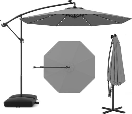 RELAX4LIFE Ampelschirm 300 cm mit 40 LED-Solar-Beleuchtung, Sonnenschirm Neigbar mit Kurbel, Kurbelschirm mit Ständer Sandsäcke(2 x Beutel befüllbar), Gartenschirm UV-Schutz (Dunkelgrau)