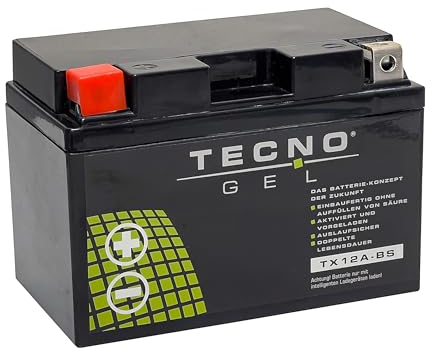 TECNO-GEL Motorrad Qualitäts Batterie für Kawasaki ER-6F u. ER-6N für YT12A-BS = YTX12A-BS, 12V Gel-Batterie 10 Ah, 150x87x106 mm