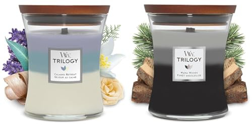 Candela profumata WoodWick con stoppino scoppiettante & Trilogy candela profumata a clessidra media con Pluswick Innovation, Legno caldo