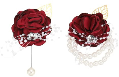 PATIKIL Rose Bridesmaid Wrist Flower Corsage, Artificial Rose Flower Wrist Corsage Boutonnieres Bride Wrist Corsage for Wedding Party Ceremony, Burgundy