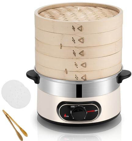 Electric Food Steamer for Cooking Vegetable Steamer with 2-Tier bamboo steamer with 60 Min Timer Auto Shut-Off & Boil Dry Protection 1500W