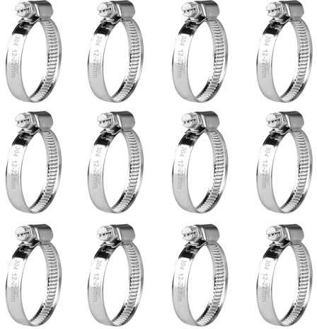 12 Pz Fascette Stringitubo Inox, Fascette Metalliche, Fascette Stringitubo in Acciaio Inox Regolabile 12-22 mm, Fascetta Metallica con Vite, Collare Stringitubo a Bullone per Tubo Acqua Auto Piscina
