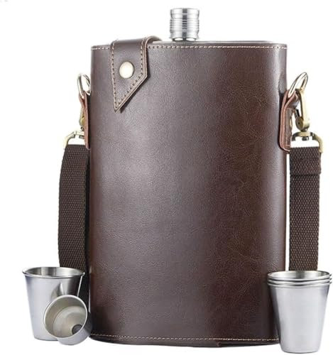 Yoeoefuo Flachmann Hip Flask Tragbarer Whiskyflasche 1500ML Männer Leder Alkoholflasche Mit Trichter Und 4 Tassen Outdoor Taschenflasche Edelstahl Schnapsflasche
