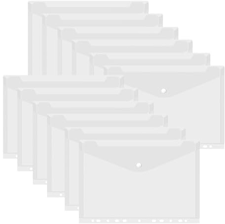 12 Stück Transparente Dokumenten-Mappen A4, A4 Druckknopf-Hüllen aus Kunststoff für Dokumente Organisieren mit Binderlöcher und Etikettentasche wasserdicht